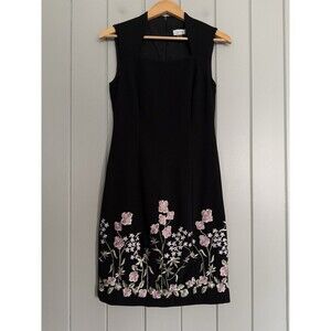 Tahari Arthur S Levine Dress 2 Black Square Neck Sleeveless Floral Embroidery
